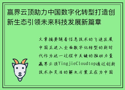 赢界云顶助力中国数字化转型打造创新生态引领未来科技发展新篇章